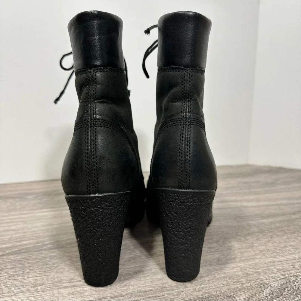 Timberland Earthkeepers Glancy 6-Inch Black Leather Lace Up Block Heel Boots 7.5